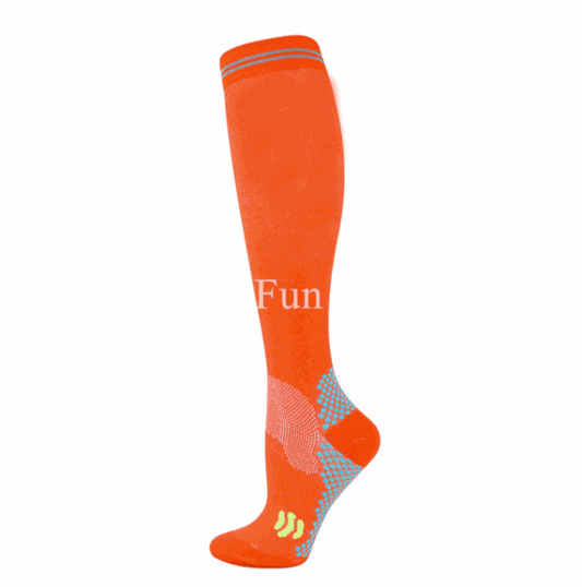 Image of compression socks: Knee-high stockings in various colors, showcasing their 20-30 mmHg compression level. The socks are displayed on leg models, emphasizing their benefits for circulation, edema, diabetes, and varicose veins.