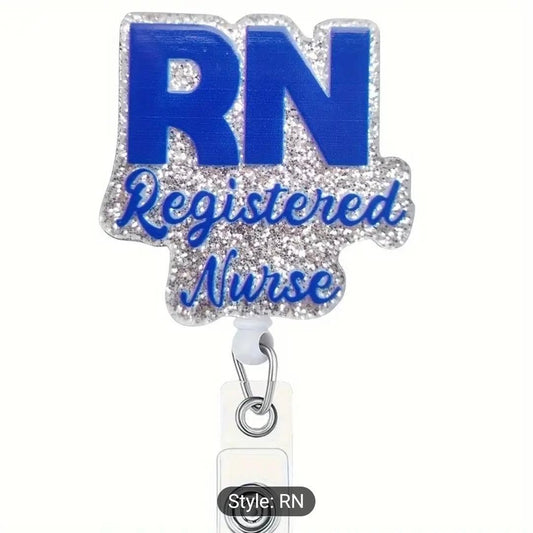 Glittery RN Badge Reel with blue "Registered Nurse" text and 360-degree rotating alligator clip ID holder