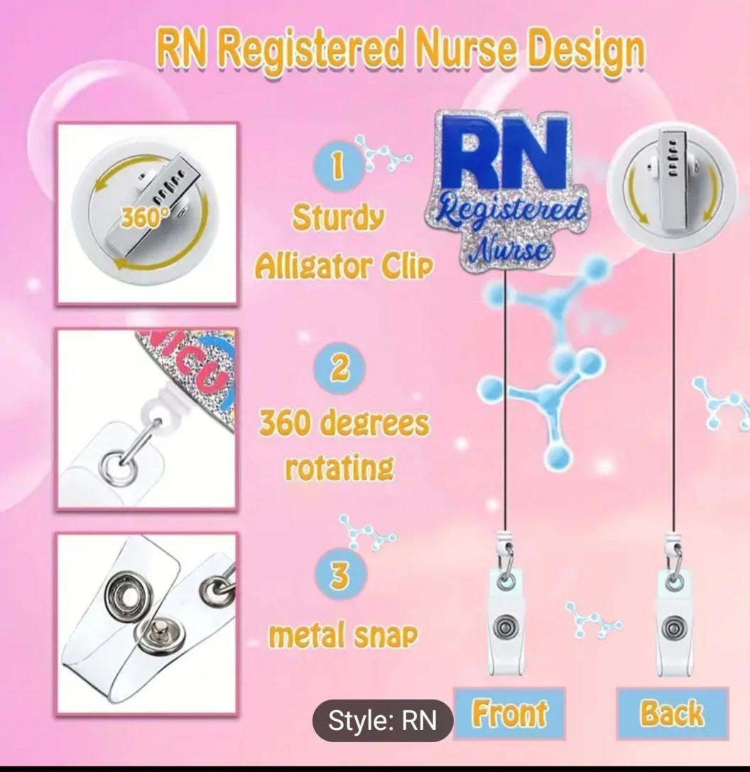 Glitter RN Badge Reel with 360° rotating alligator clip and metal snap for nurse ID holder