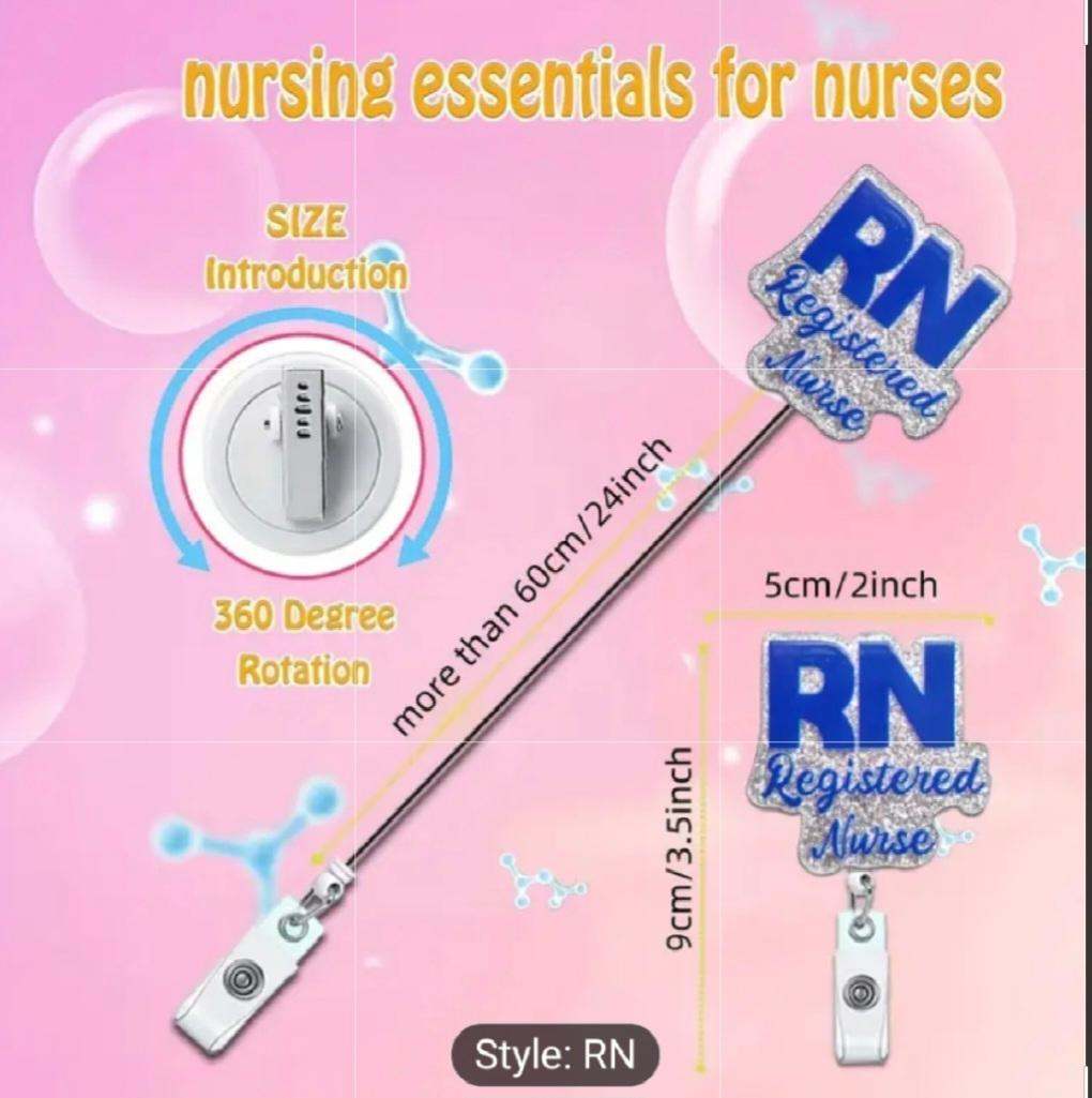 Glitter RN badge reel with 360° rotating alligator clip, retractable 24-inch cord, and "Registered Nurse" blue lettering for nurse ID holder