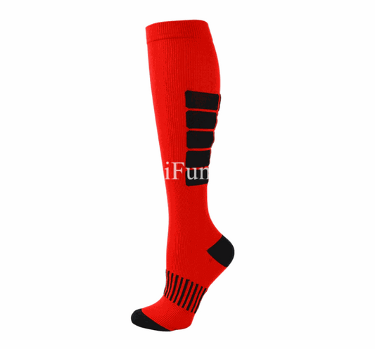 Image of compression socks: Knee-high stockings in various colors, showcasing their 20-30 mmHg compression level. The socks are displayed on leg models, emphasizing their benefits for circulation, edema, diabetes, and varicose veins.