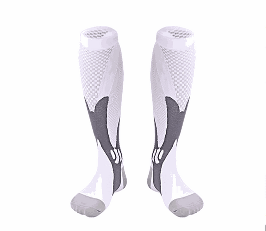 Image of compression socks: Knee-high stockings in various colors, showcasing their 20-30 mmHg compression level. The socks are displayed on leg models, emphasizing their benefits for circulation, edema, diabetes, and varicose veins.