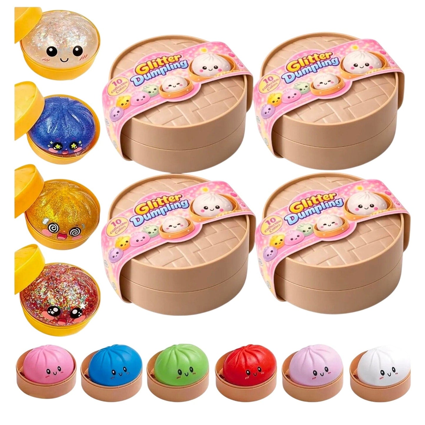 Viral glitter squishy dumpling mystery blind box toy in sealed packaging