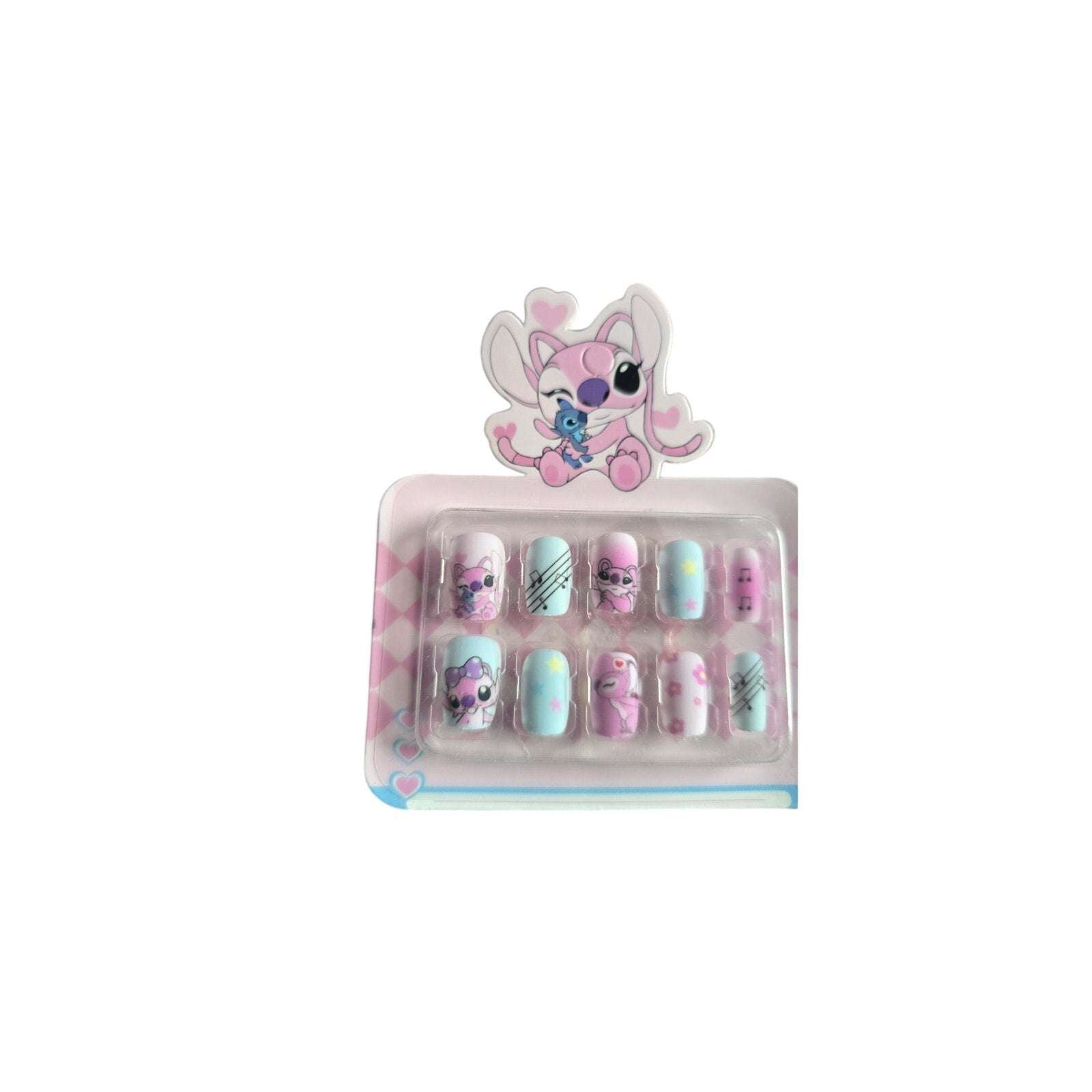 Kids Stitch-inspired press on nails in pastel colors with glow-in-the-dark matte finish for kids