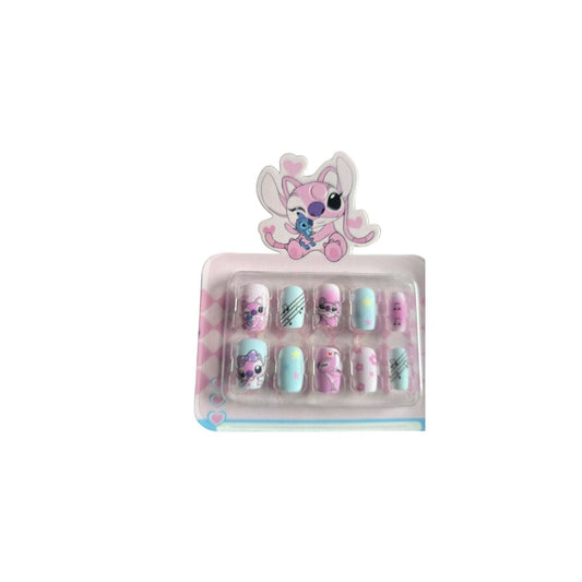 Kids Stitch-inspired press on nails in pastel colors with glow-in-the-dark matte finish for kids