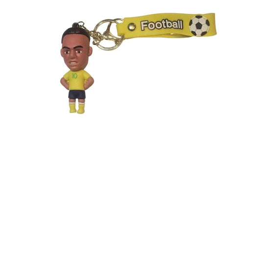 Brazil soccer player keychain with yellow #10 jersey and silicone strap labeled Football