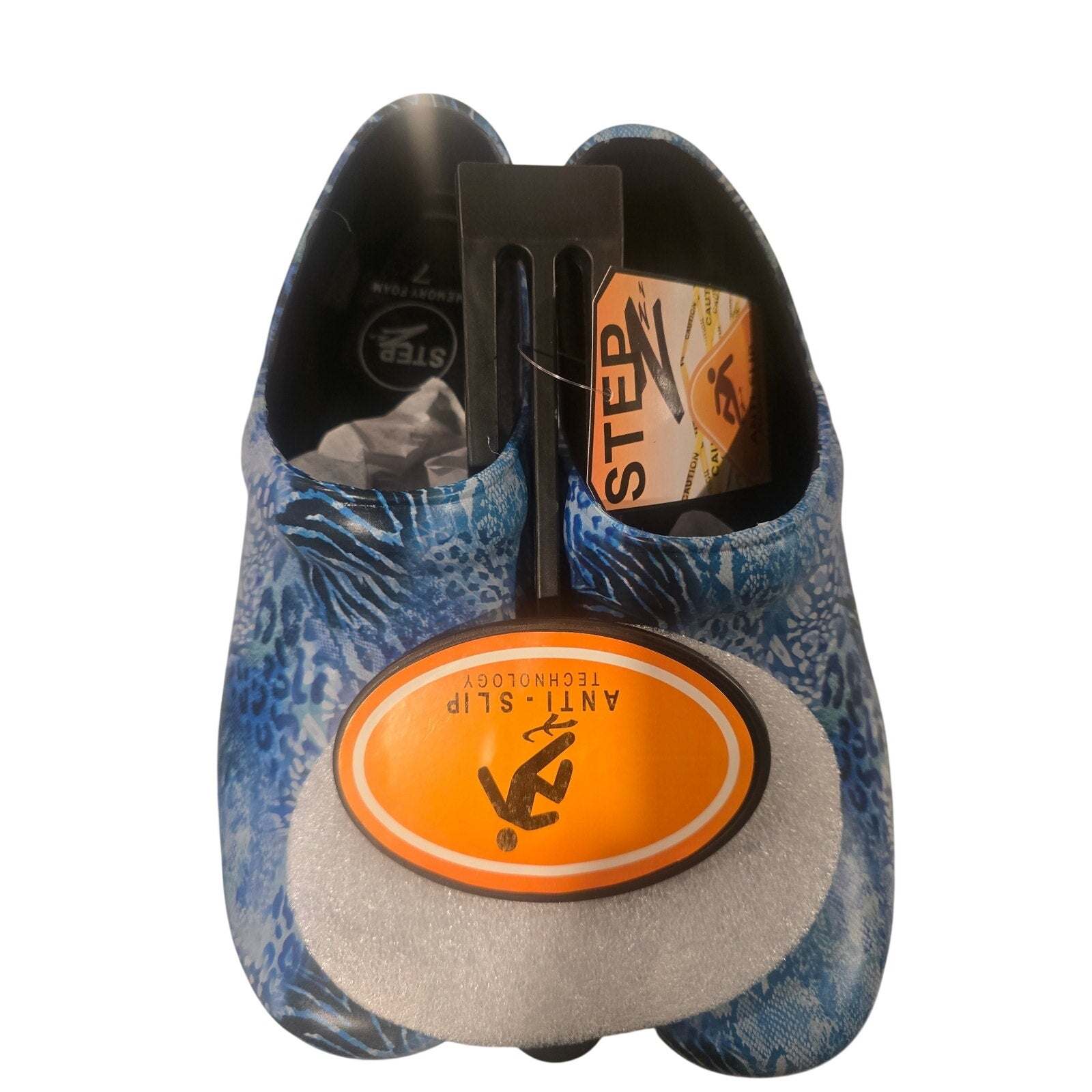 Step Z Anti-Slip blue patterned memory foam work clogs size 7 for women