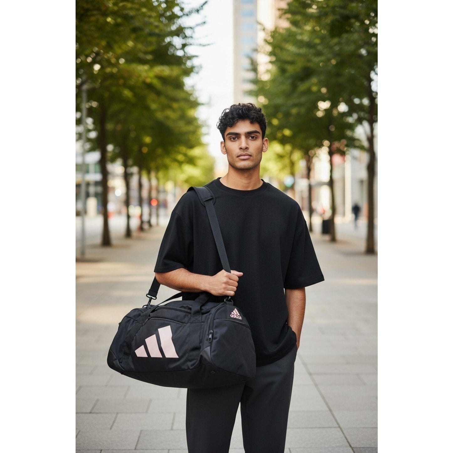 Black ADIDAS UNISEX DEFENDER 5 MEDIUM duffel gym bag with shoe pocket and adjustable strap