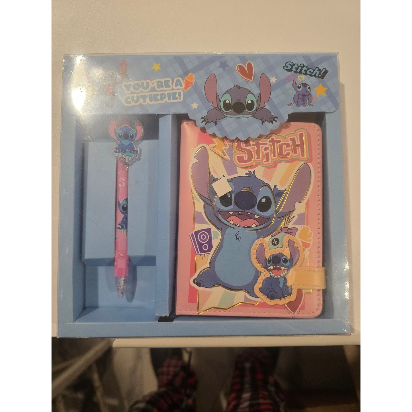 New Disney Stitch journal notebook and pen gift set in sealed packaging with colorful design and decorative pen topper