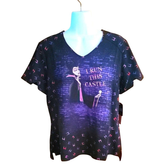 Disney Villains Maleficent V-neck scrub top with "I Run This Castle" graphic and villain pattern