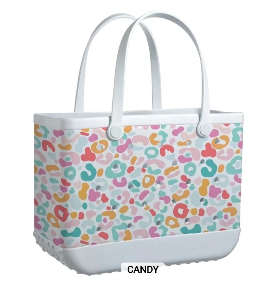 Colorful candy pattern tote bag with white handles and base