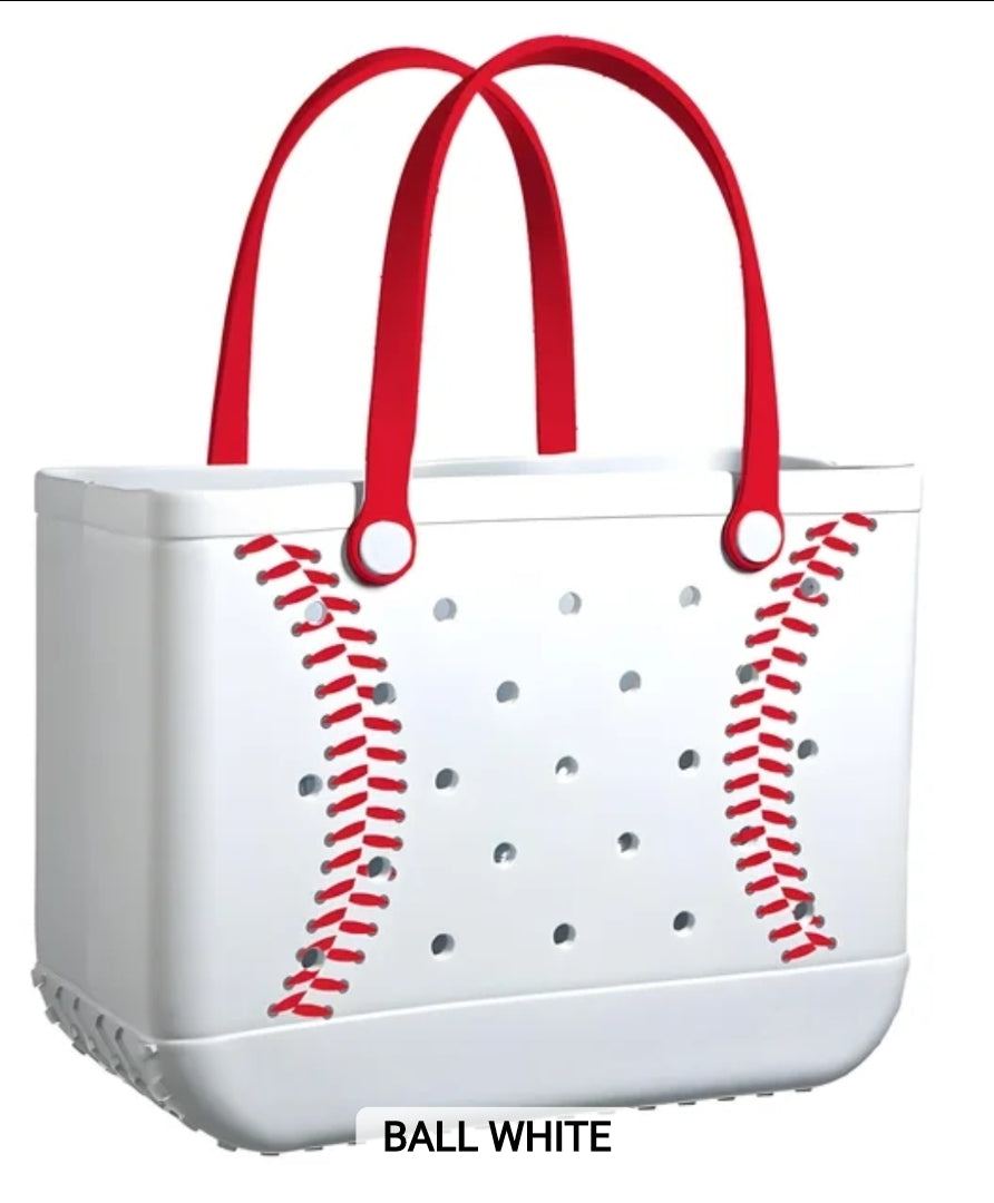 White baseball-themed cooler bag with red handles and stitching design